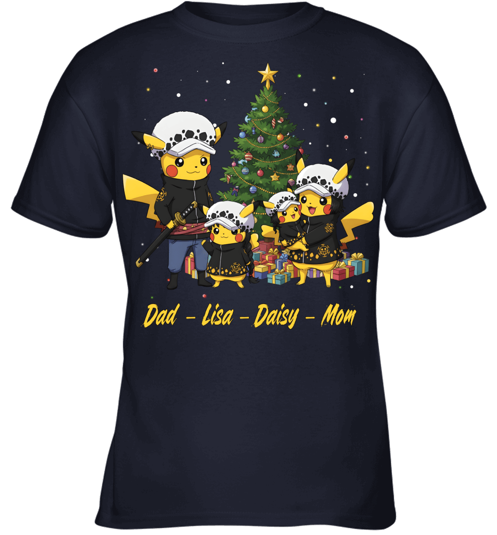 Pikachu x Trafalgar Law Parents & Daughters Custom Name Christmas T-Shirt for Family