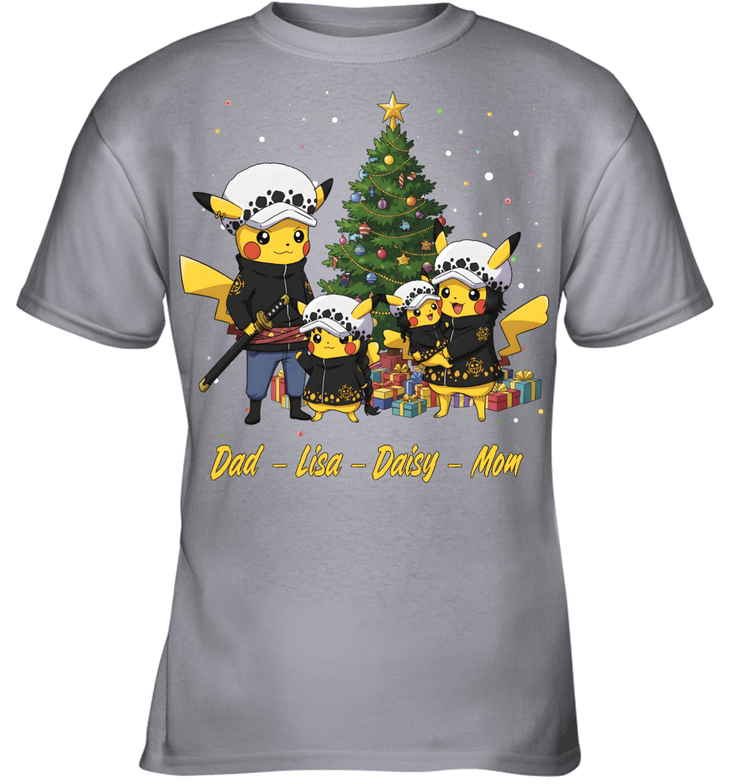 Pikachu x Trafalgar Law Parents & Daughters Custom Name Christmas T-Shirt for Family