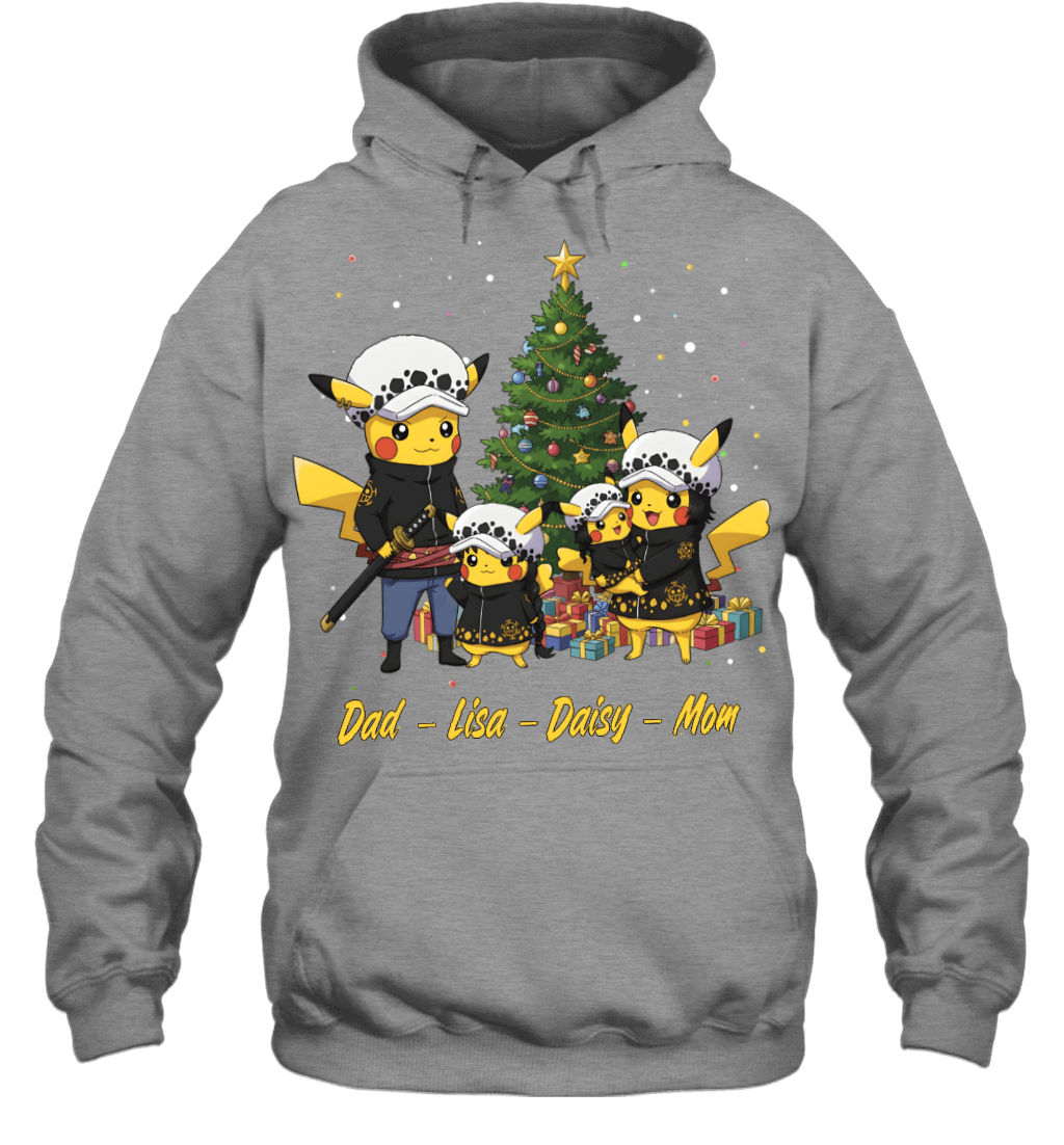 Pikachu x Trafalgar Law Parents & Daughters Custom Name Christmas T-Shirt for Family