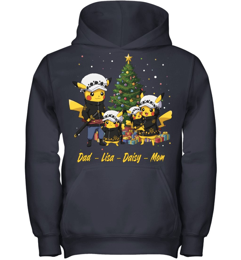 Pikachu x Trafalgar Law Parents & Daughters Custom Name Christmas T-Shirt for Family