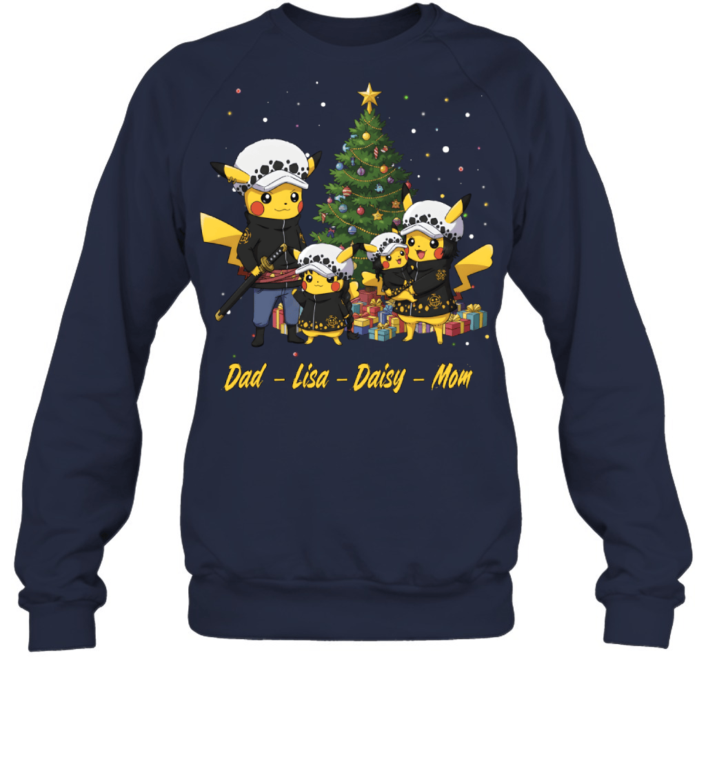 Pikachu x Trafalgar Law Parents & Daughters Custom Name Christmas T-Shirt for Family