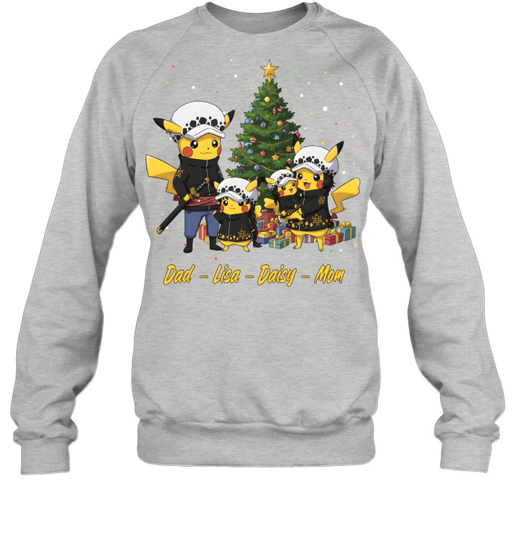 Pikachu x Trafalgar Law Parents & Daughters Custom Name Christmas T-Shirt for Family