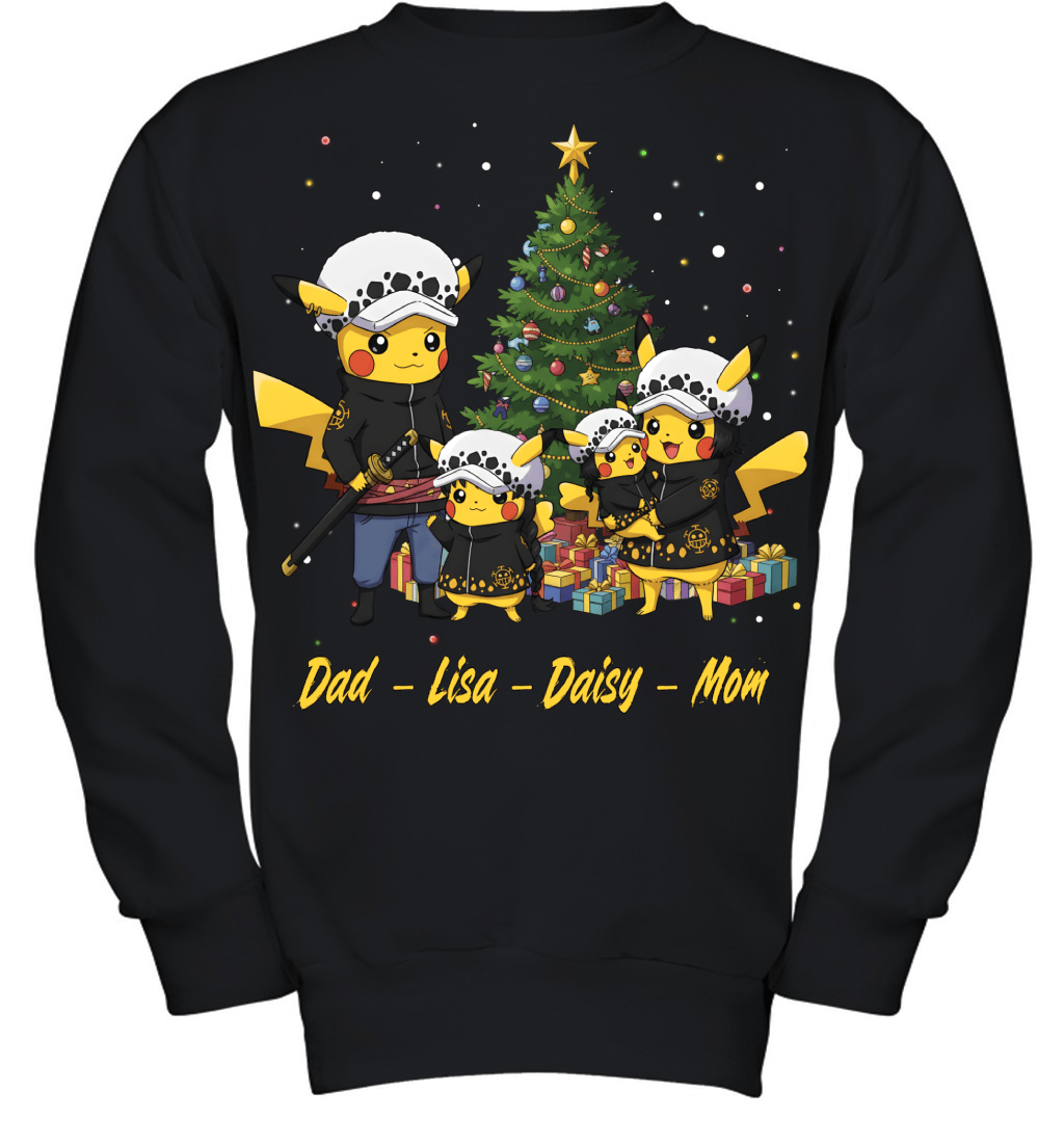 Pikachu x Trafalgar Law Parents & Daughters Custom Name Christmas T-Shirt for Family