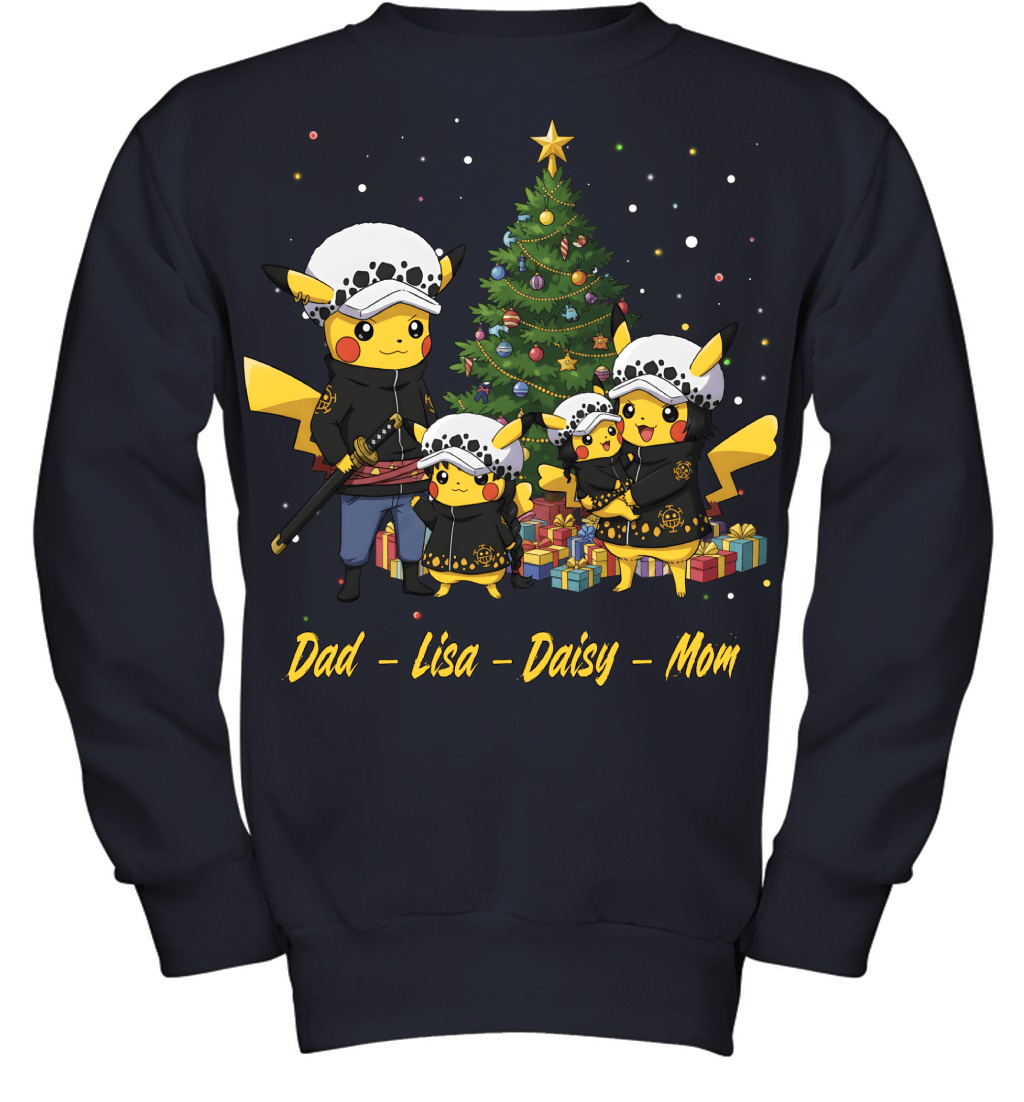 Pikachu x Trafalgar Law Parents & Daughters Custom Name Christmas T-Shirt for Family