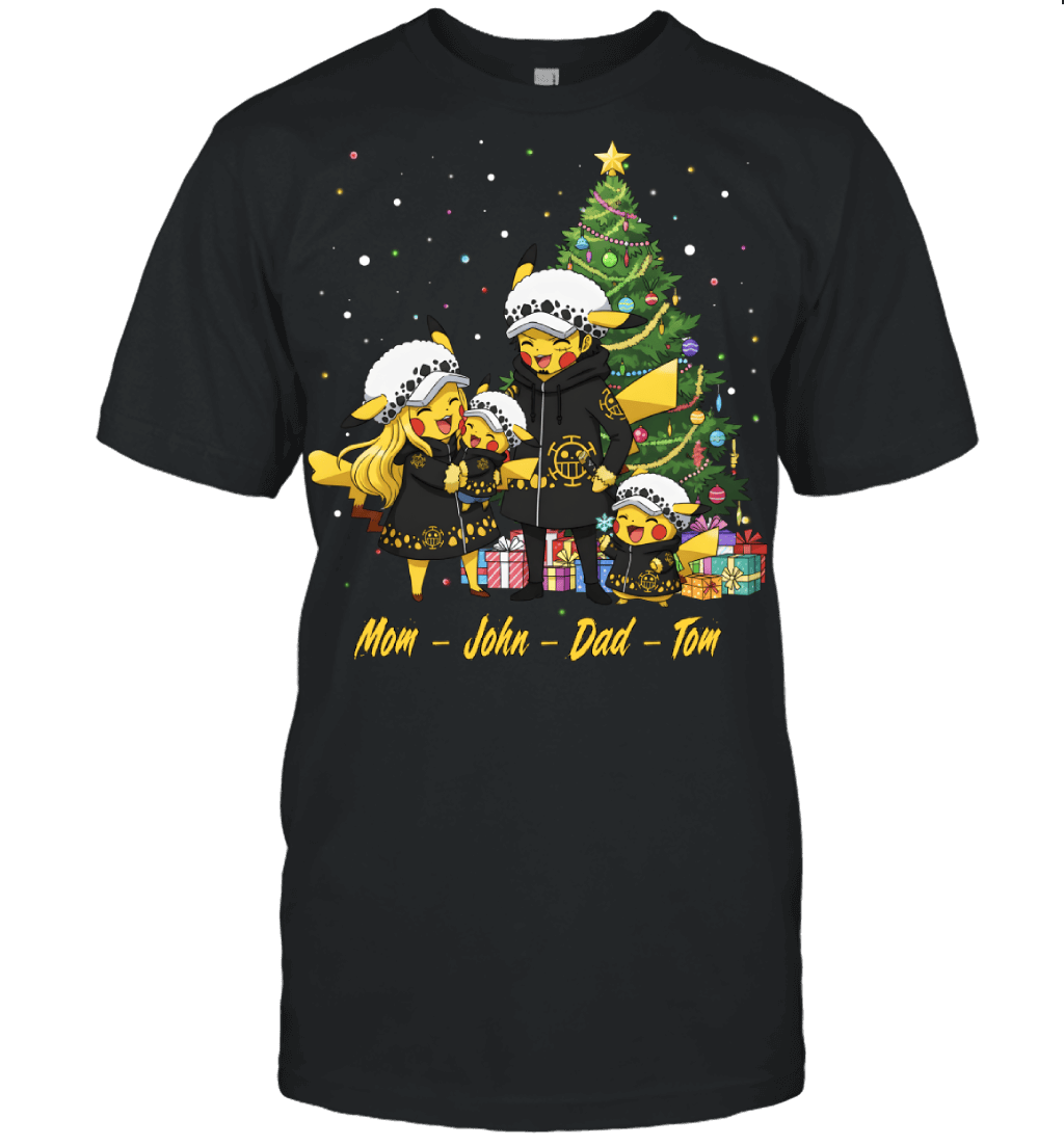Pikachu x Trafalgar Law Parents & Sons Custom Name Christmas T-Shirt for Family