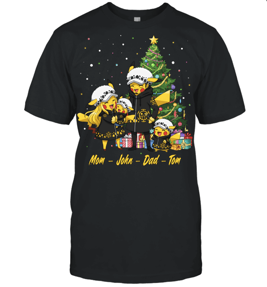 Pikachu x Trafalgar Law Parents & Sons Custom Name Christmas T-Shirt for Family