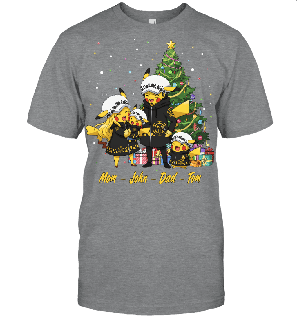 Pikachu x Trafalgar Law Parents & Sons Custom Name Christmas T-Shirt for Family