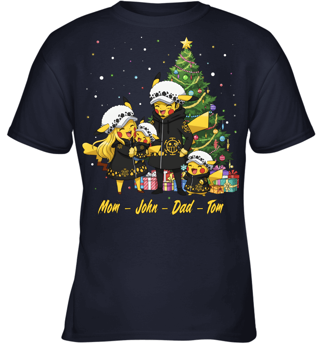 Pikachu x Trafalgar Law Parents & Sons Custom Name Christmas T-Shirt for Family