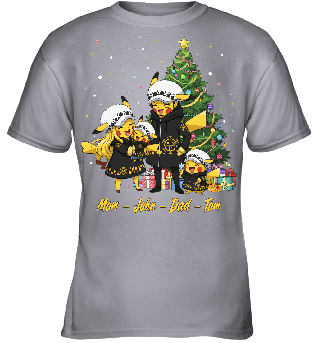 Pikachu x Trafalgar Law Parents & Sons Custom Name Christmas T-Shirt for Family