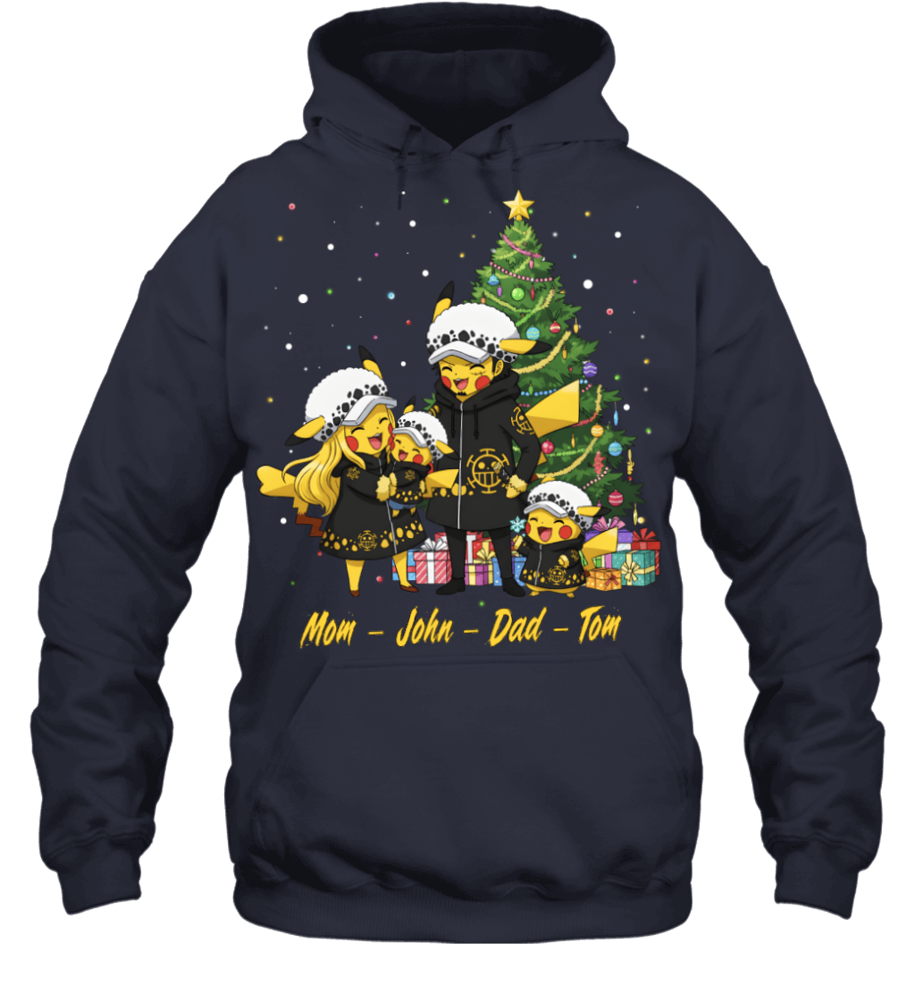 Pikachu x Trafalgar Law Parents & Sons Custom Name Christmas T-Shirt for Family