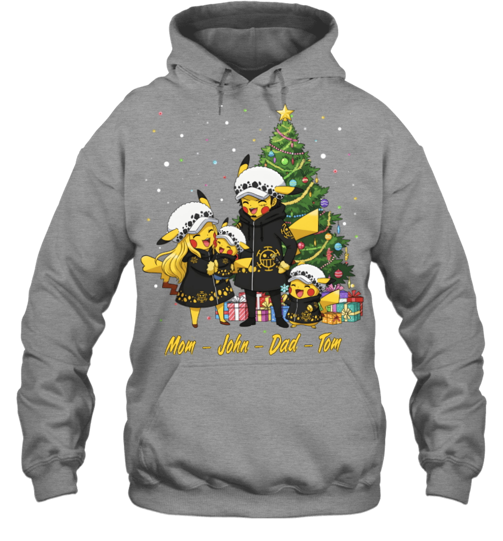 Pikachu x Trafalgar Law Parents & Sons Custom Name Christmas T-Shirt for Family