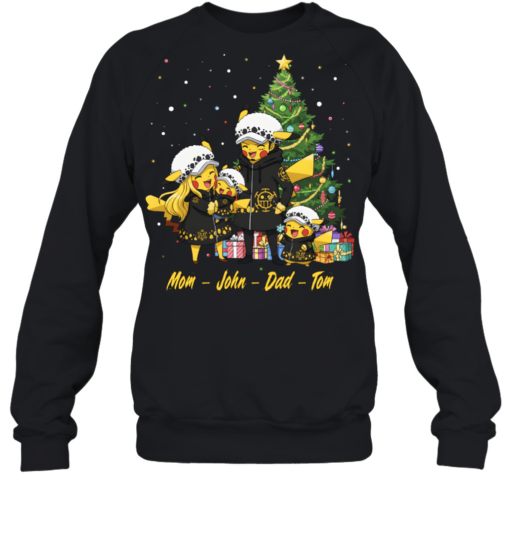 Pikachu x Trafalgar Law Parents & Sons Custom Name Christmas T-Shirt for Family