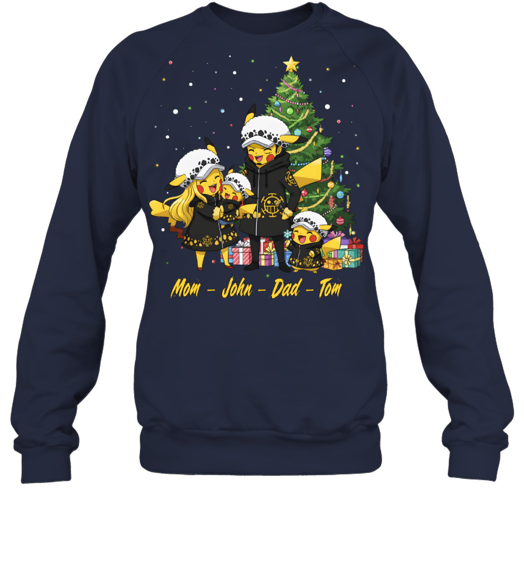 Pikachu x Trafalgar Law Parents & Sons Custom Name Christmas T-Shirt for Family