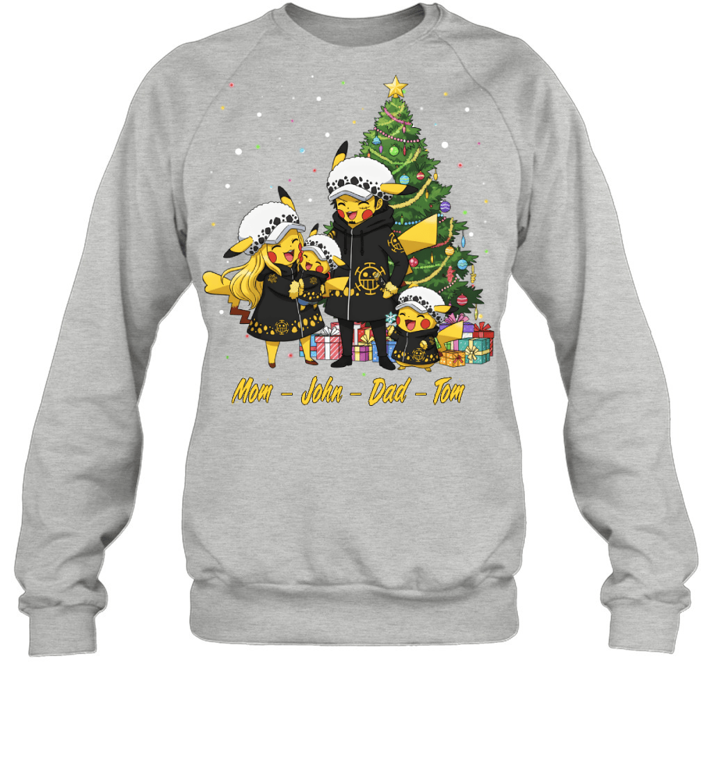 Pikachu x Trafalgar Law Parents & Sons Custom Name Christmas T-Shirt for Family