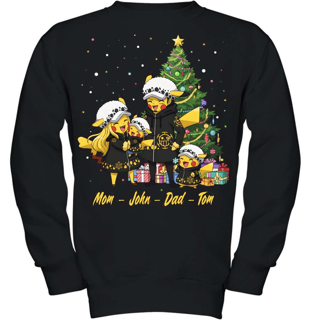 Pikachu x Trafalgar Law Parents & Sons Custom Name Christmas T-Shirt for Family