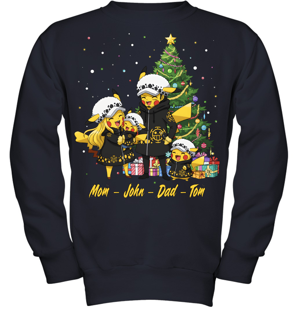 Pikachu x Trafalgar Law Parents & Sons Custom Name Christmas T-Shirt for Family