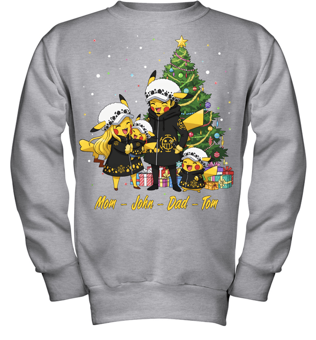 Pikachu x Trafalgar Law Parents & Sons Custom Name Christmas T-Shirt for Family