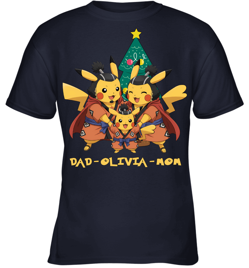 Pikachu x Jinbe Parents & Daughter Custom Name Christmas T-Shirt for Family