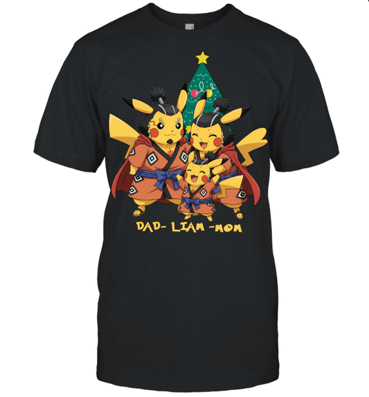 Pikachu x Jinbe Parents & Son Custom Name Christmas T-Shirt for Family