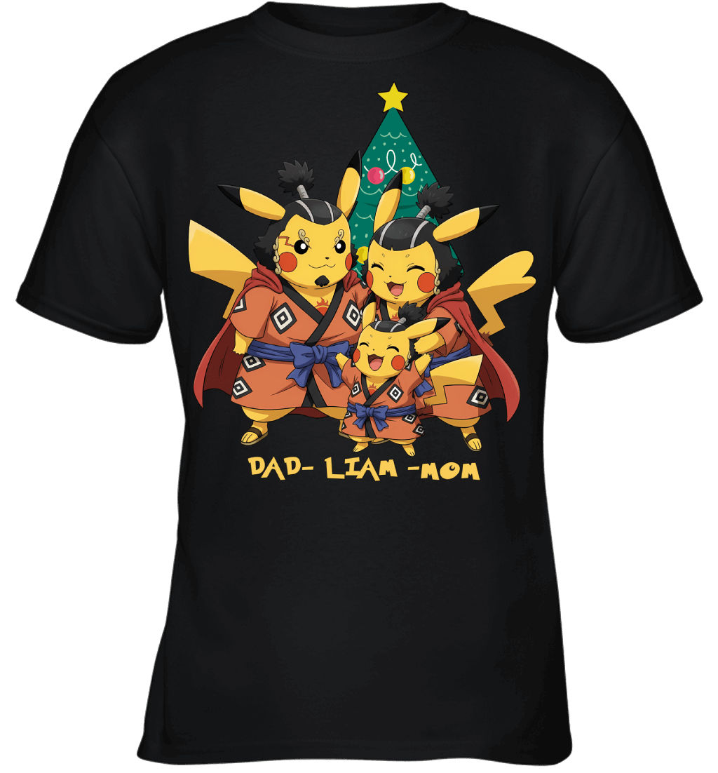 Pikachu x Jinbe Parents & Son Custom Name Christmas T-Shirt for Family