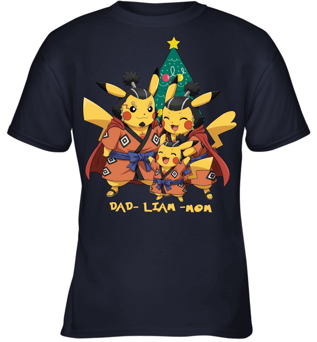Pikachu x Jinbe Parents & Son Custom Name Christmas T-Shirt for Family