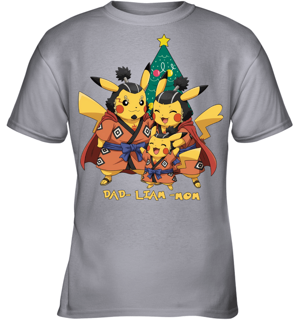 Pikachu x Jinbe Parents & Son Custom Name Christmas T-Shirt for Family