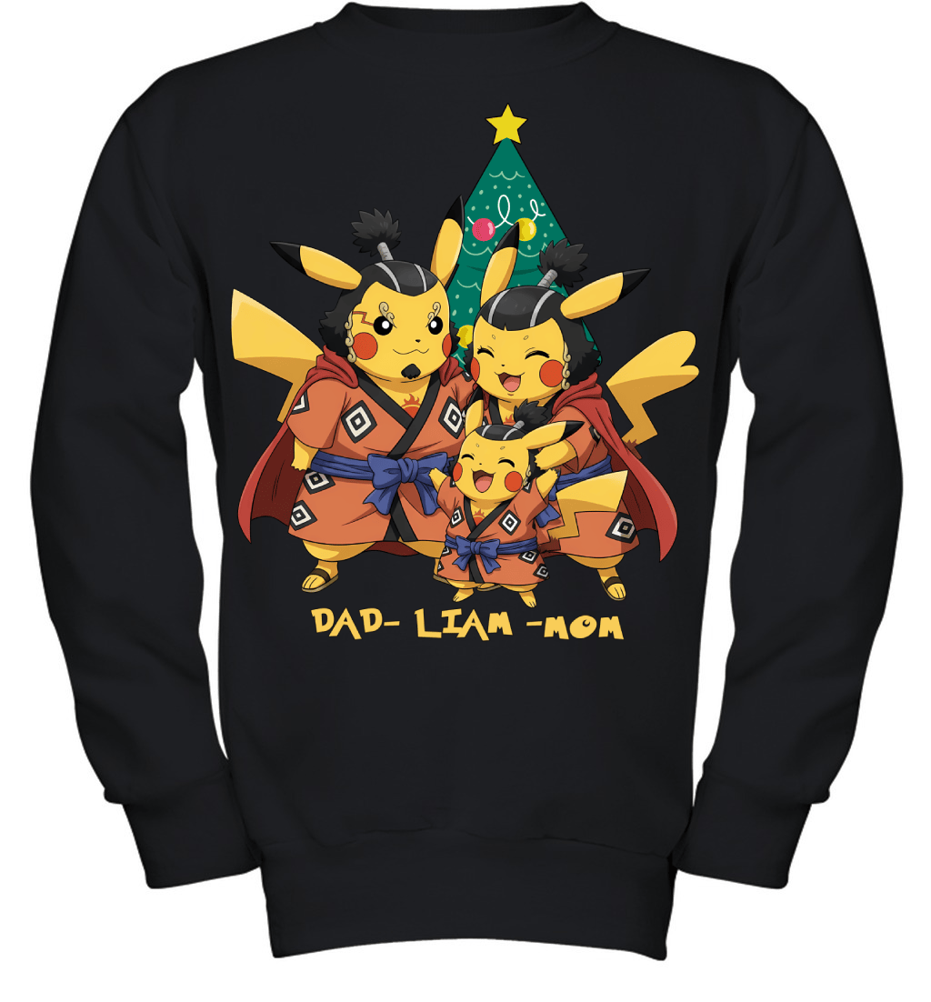 Pikachu x Jinbe Parents & Son Custom Name Christmas T-Shirt for Family