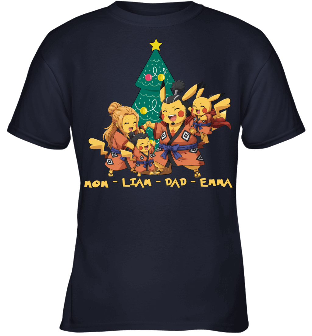 Pikachu x Jinbe Parents & Kids Custom Name Christmas T-Shirt for Family