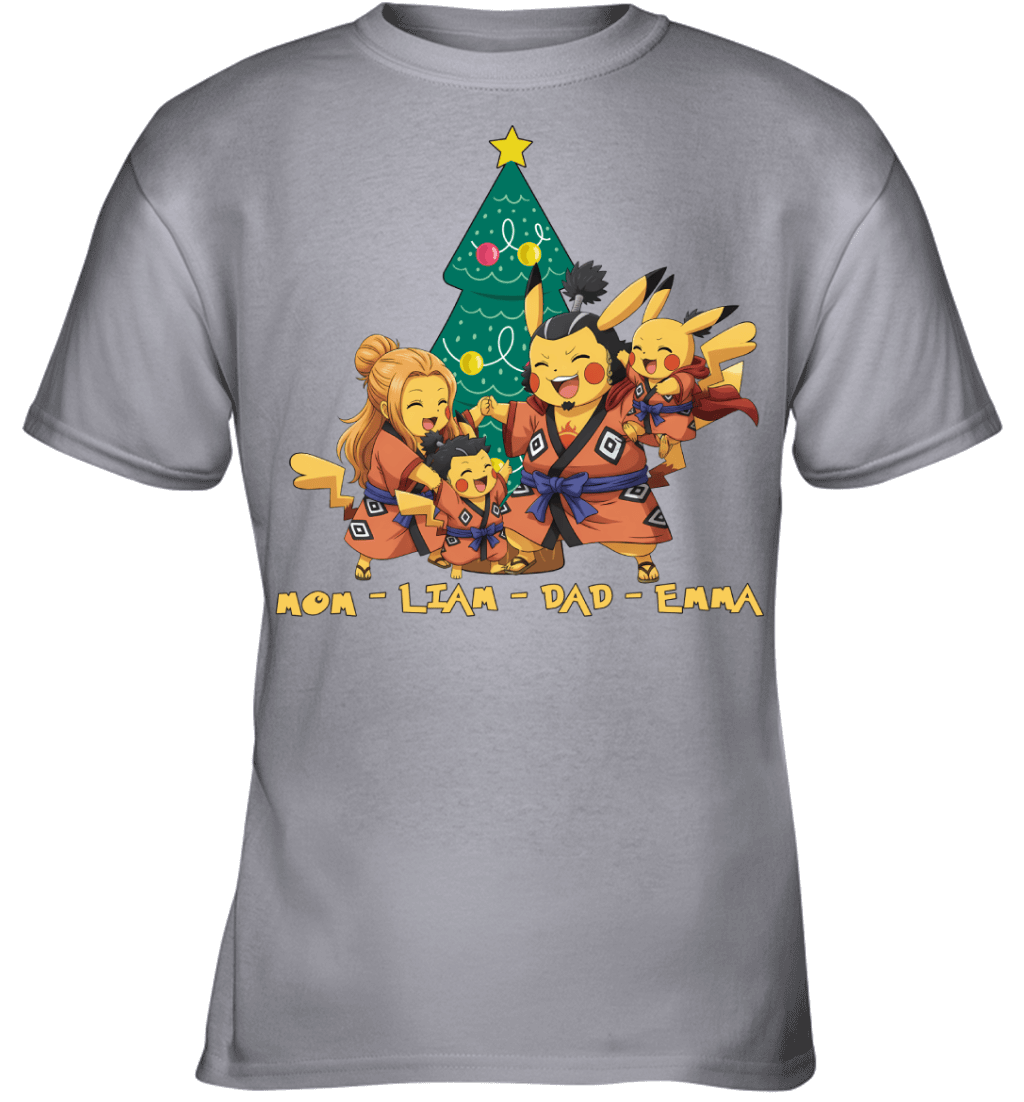 Pikachu x Jinbe Parents & Kids Custom Name Christmas T-Shirt for Family