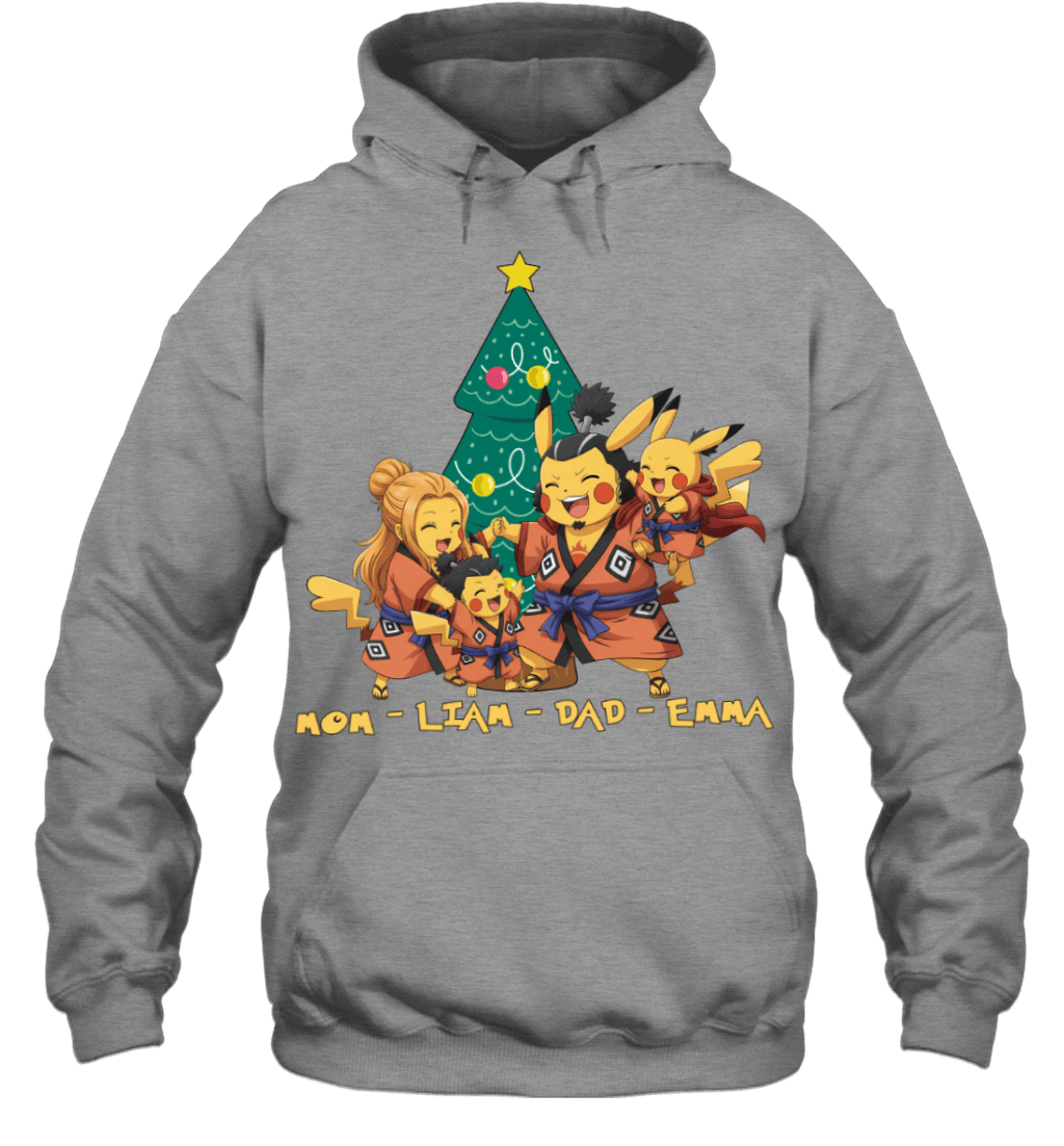 Pikachu x Jinbe Parents & Kids Custom Name Christmas T-Shirt for Family