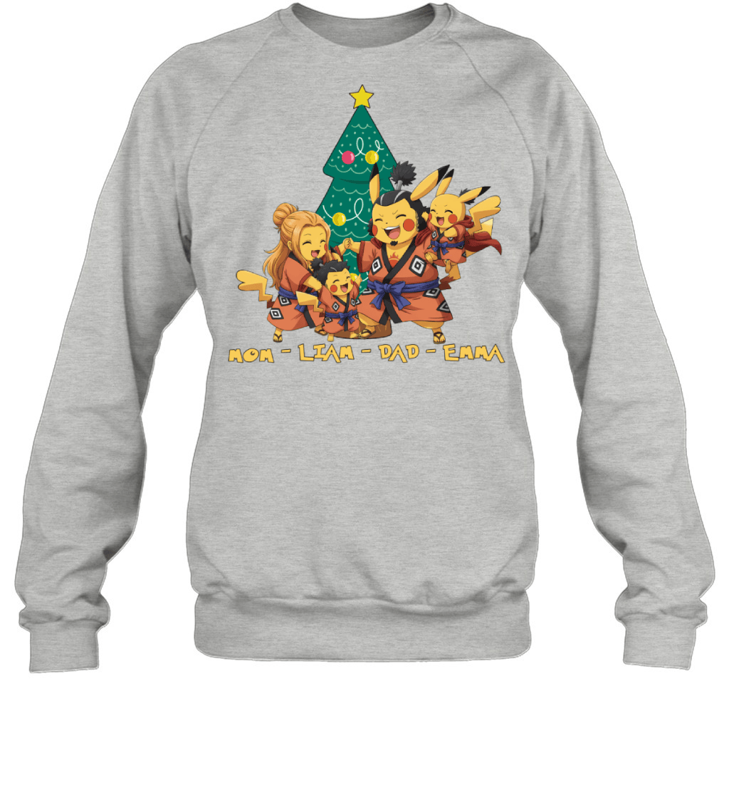 Pikachu x Jinbe Parents & Kids Custom Name Christmas T-Shirt for Family