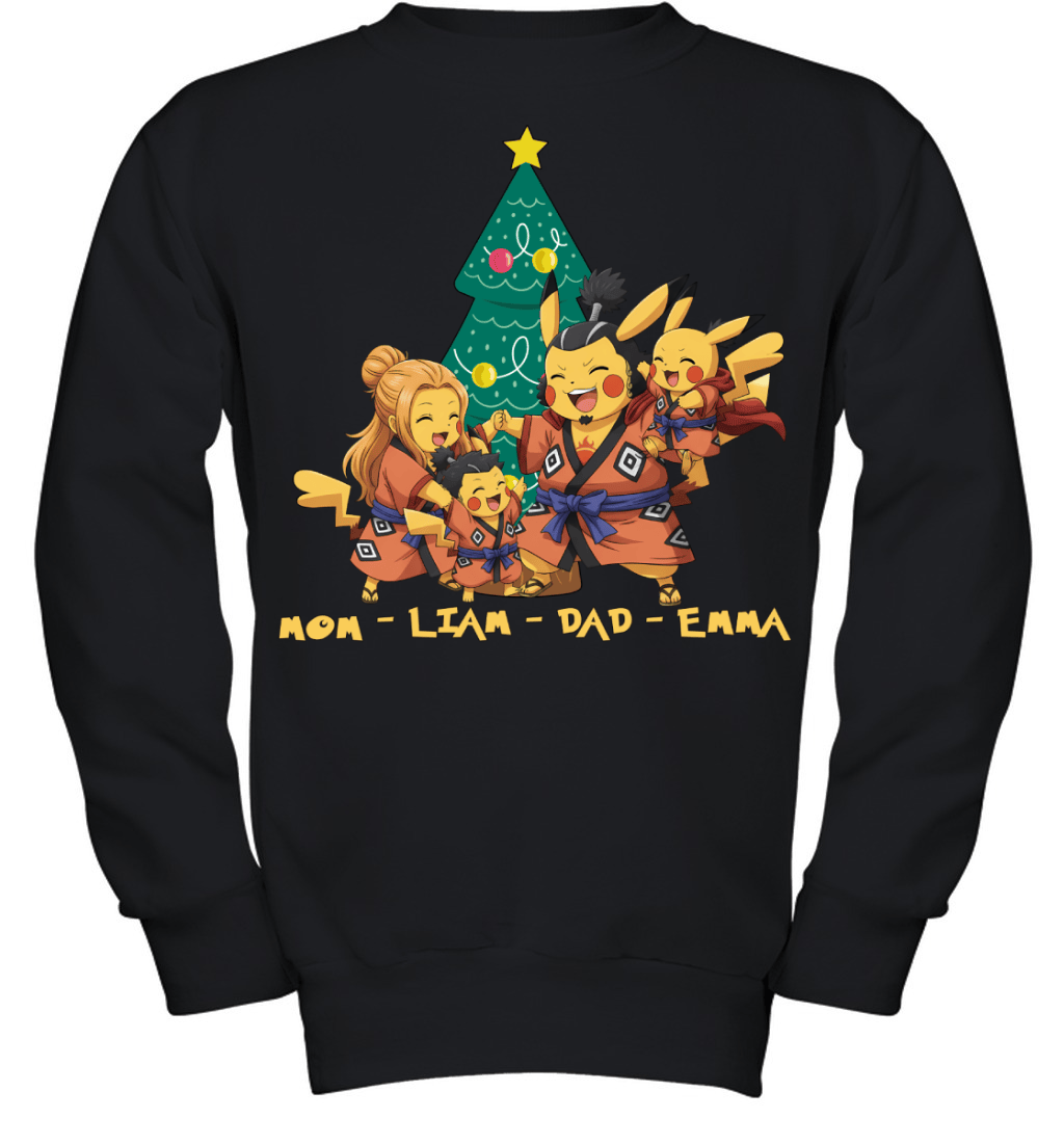 Pikachu x Jinbe Parents & Kids Custom Name Christmas T-Shirt for Family