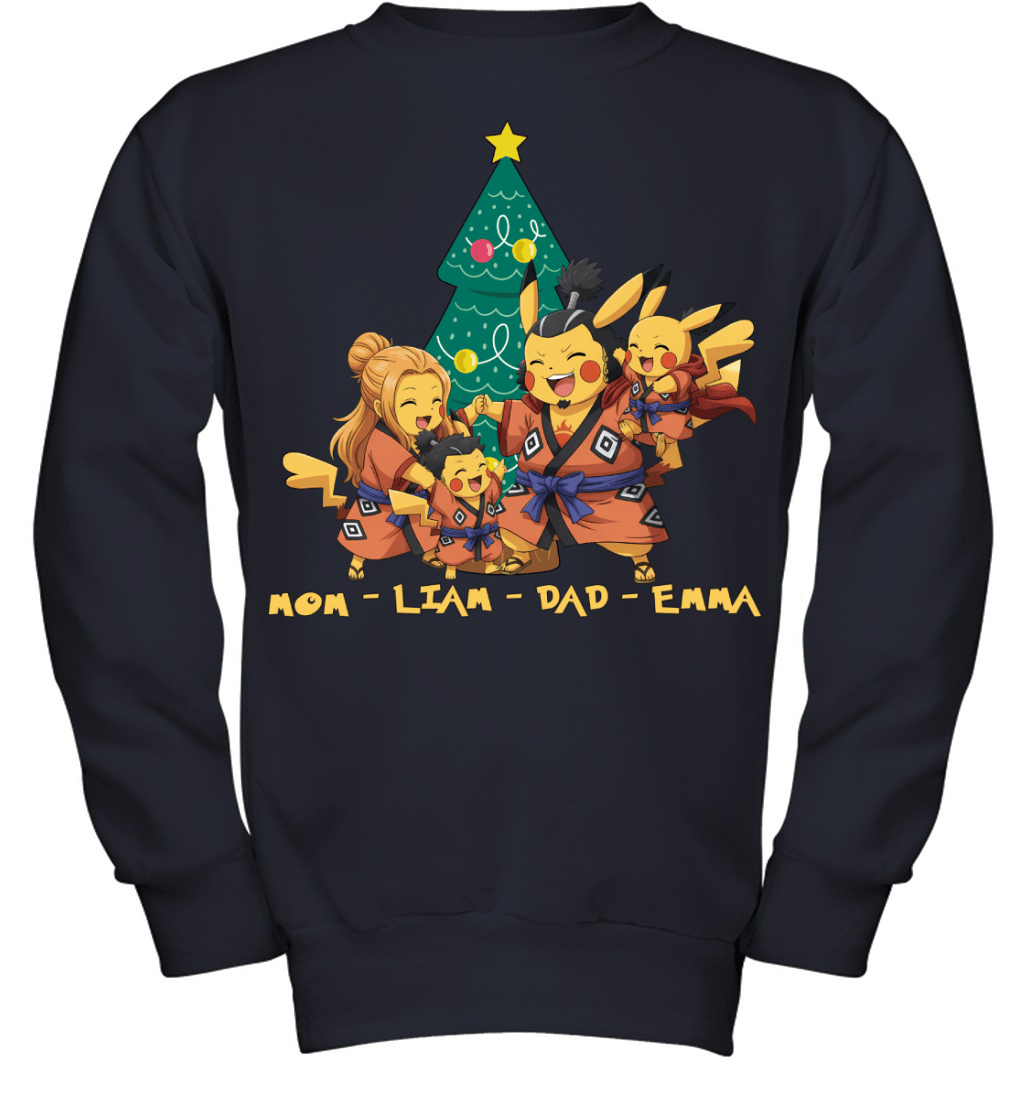 Pikachu x Jinbe Parents & Kids Custom Name Christmas T-Shirt for Family