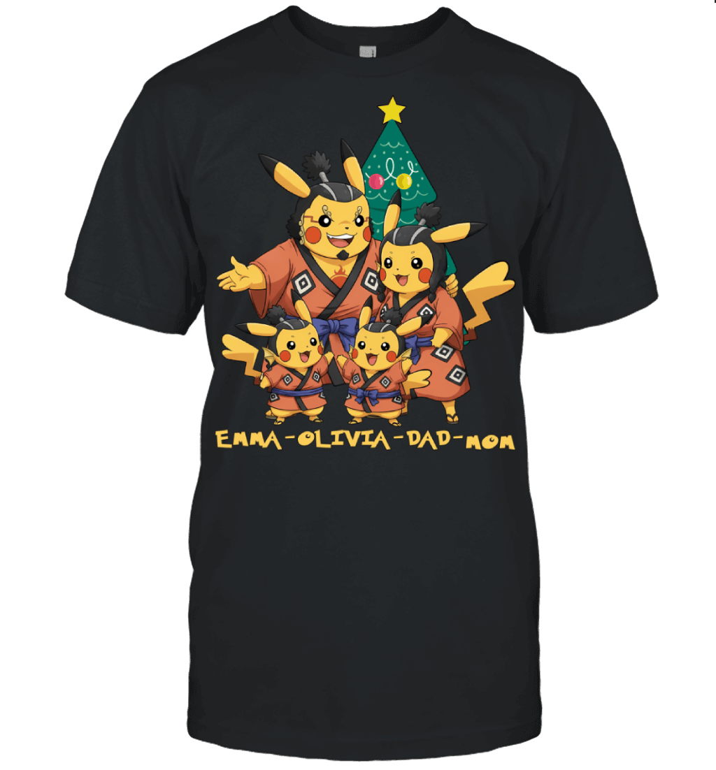 Pikachu x Jinbe Parents & Daughters Custom Name Christmas T-Shirt for Family