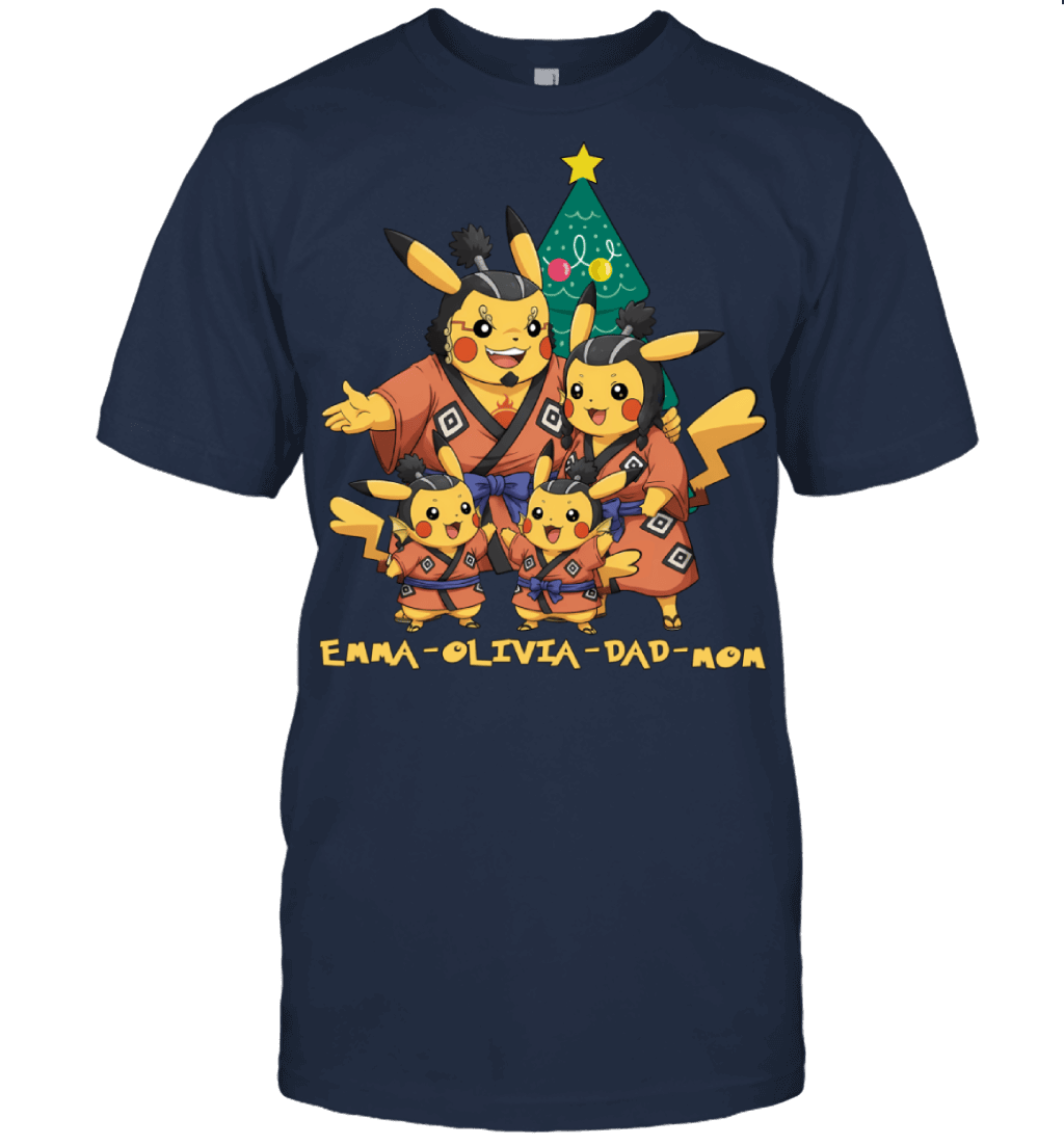 Pikachu x Jinbe Parents & Daughters Custom Name Christmas T-Shirt for Family