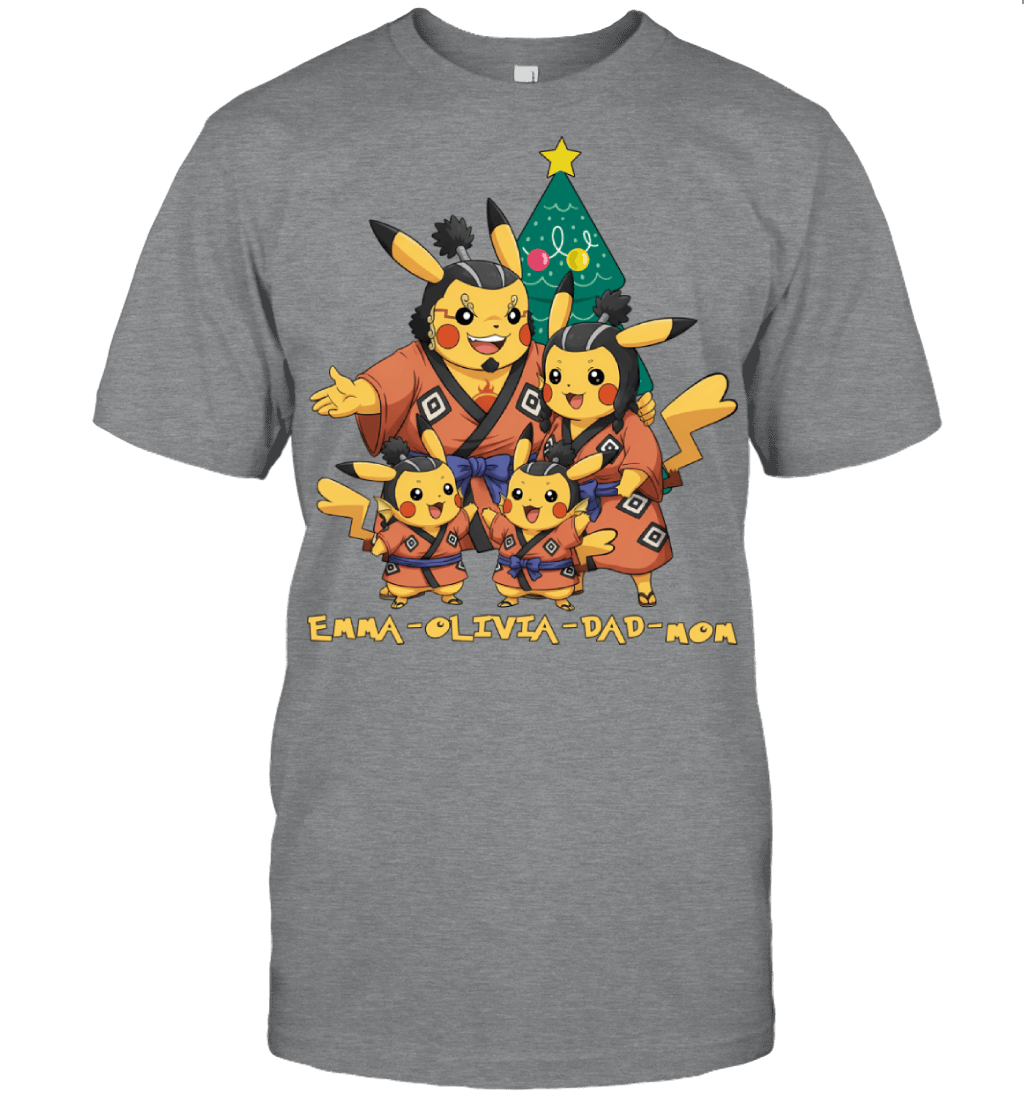 Pikachu x Jinbe Parents & Daughters Custom Name Christmas T-Shirt for Family