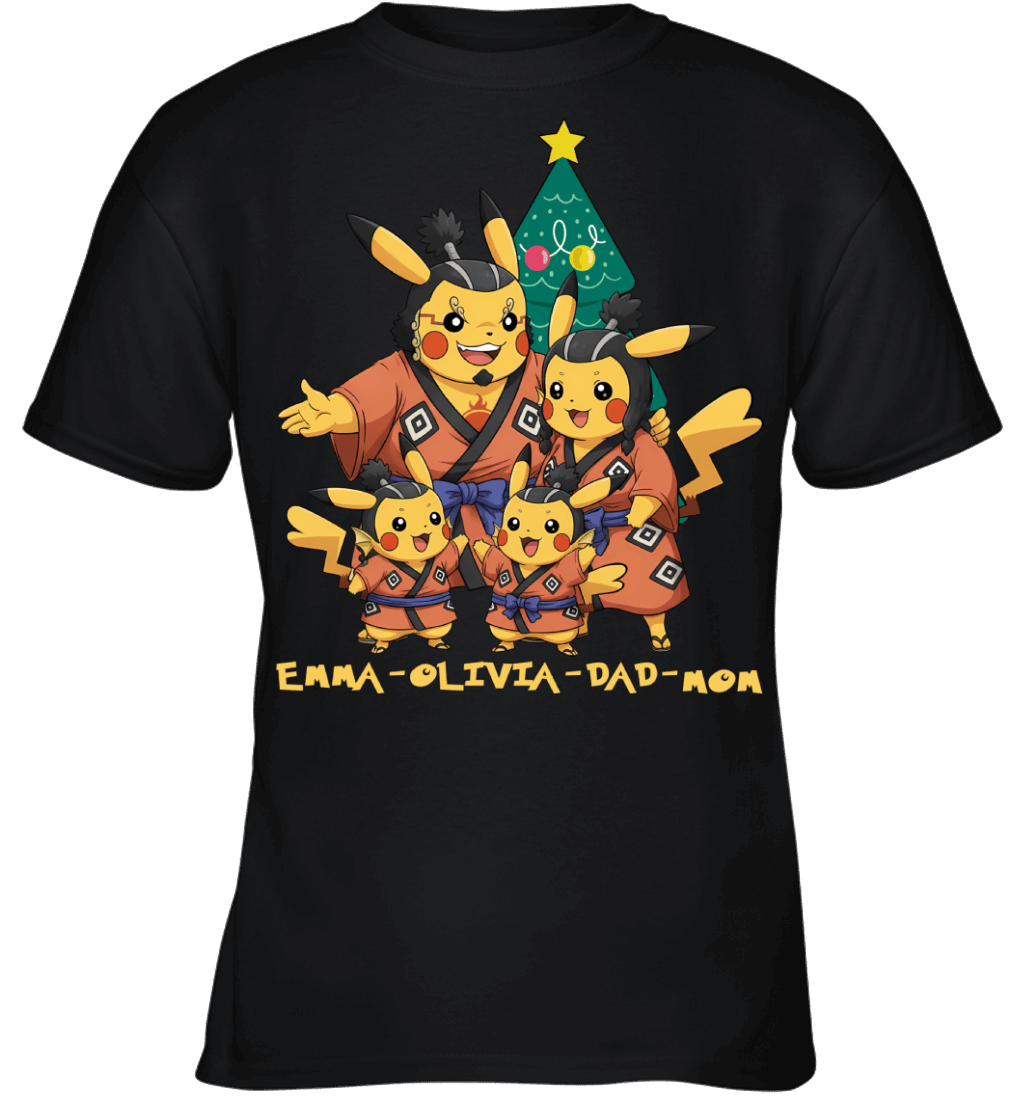 Pikachu x Jinbe Parents & Daughters Custom Name Christmas T-Shirt for Family
