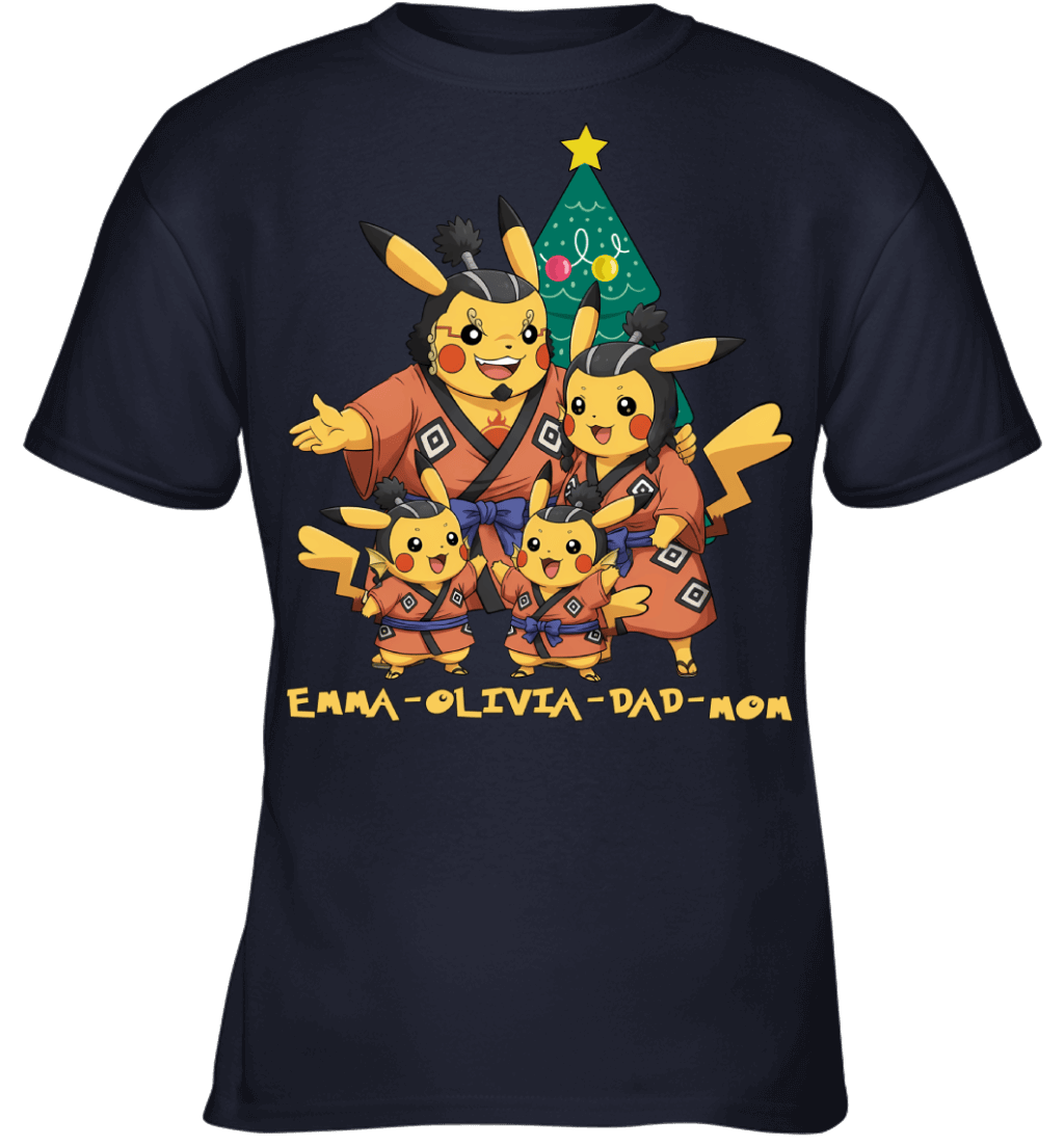 Pikachu x Jinbe Parents & Daughters Custom Name Christmas T-Shirt for Family