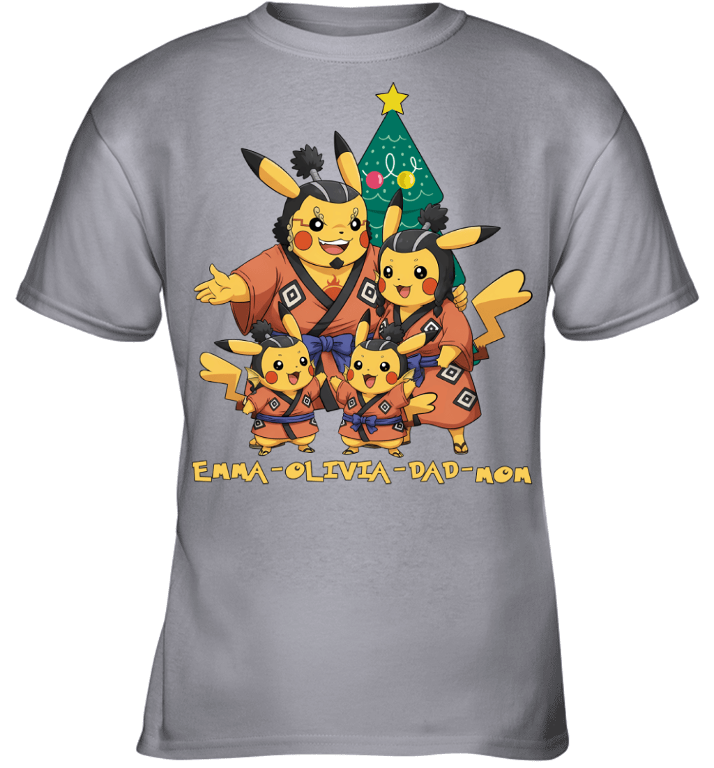 Pikachu x Jinbe Parents & Daughters Custom Name Christmas T-Shirt for Family