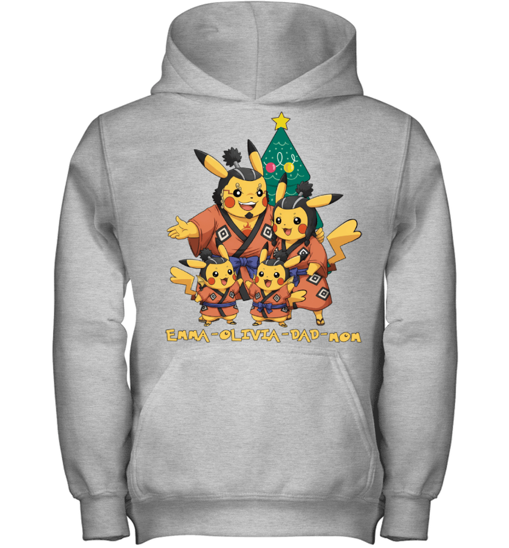 Pikachu x Jinbe Parents & Daughters Custom Name Christmas T-Shirt for Family