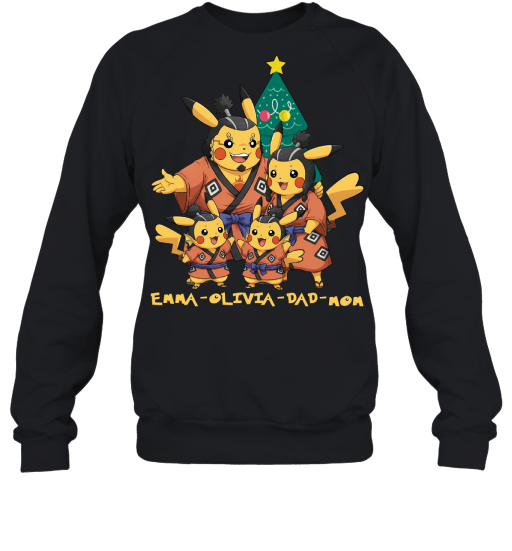 Pikachu x Jinbe Parents & Daughters Custom Name Christmas T-Shirt for Family