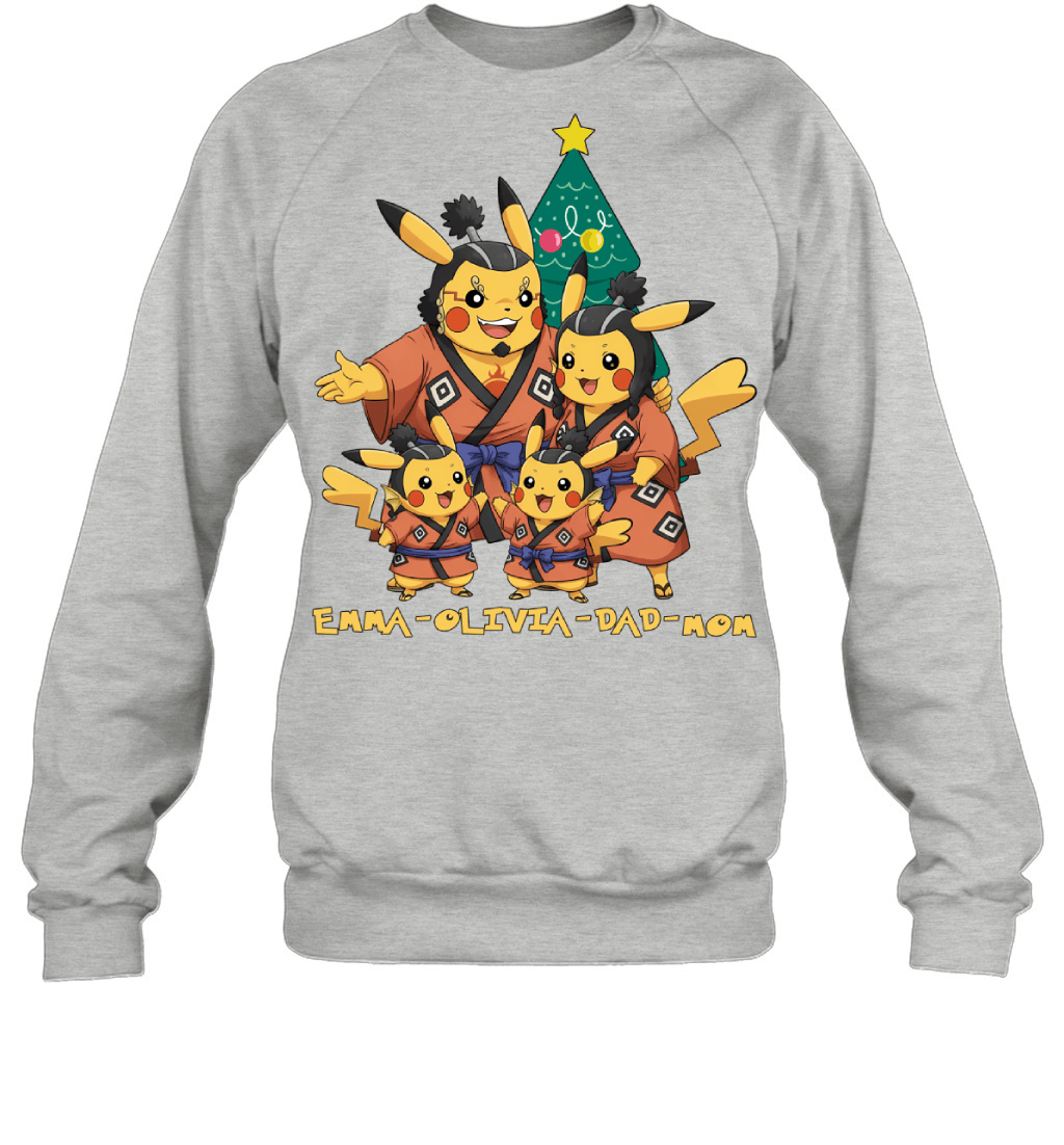 Pikachu x Jinbe Parents & Daughters Custom Name Christmas T-Shirt for Family