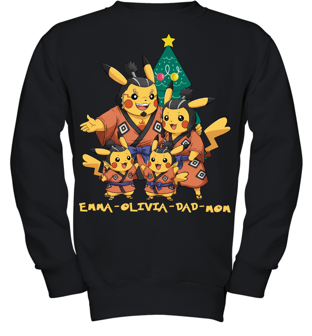 Pikachu x Jinbe Parents & Daughters Custom Name Christmas T-Shirt for Family