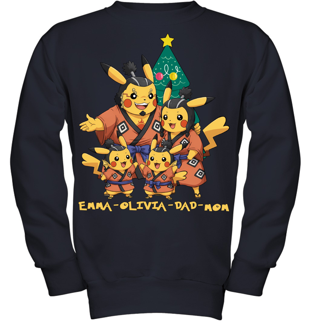 Pikachu x Jinbe Parents & Daughters Custom Name Christmas T-Shirt for Family