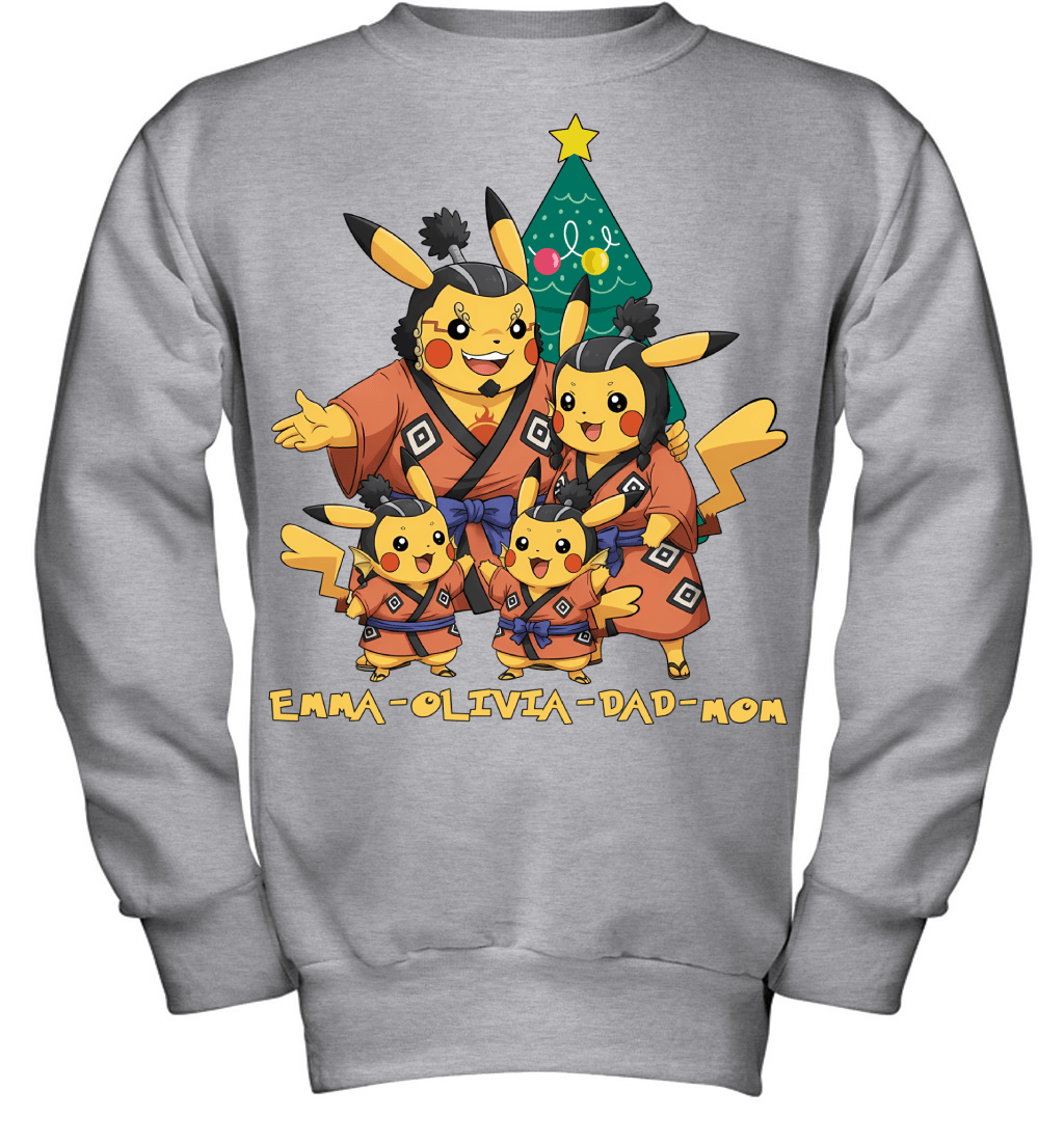 Pikachu x Jinbe Parents & Daughters Custom Name Christmas T-Shirt for Family