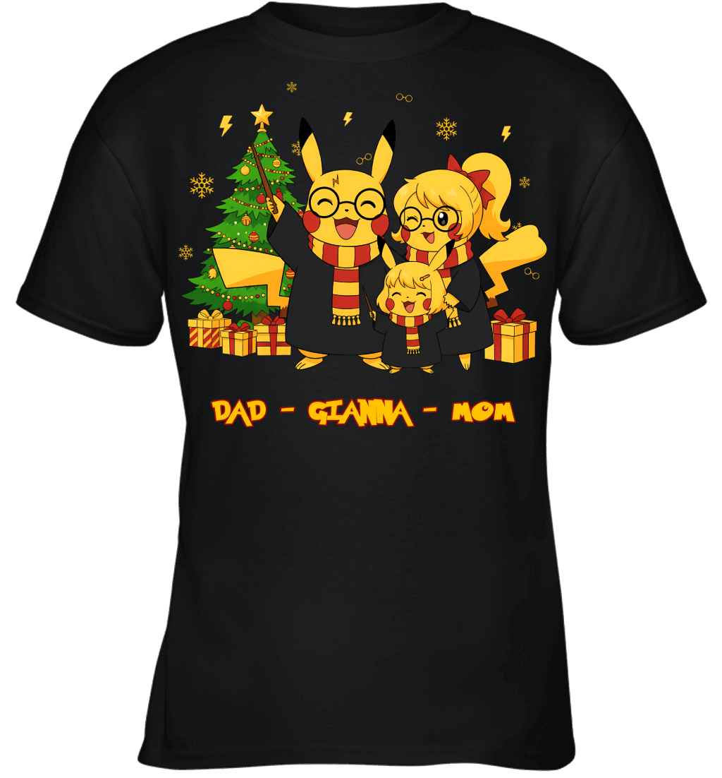 Pikachu x Harry Potter Parents & Daughter Custom Name Christmas T-Shirt for Family