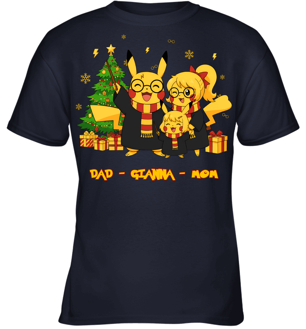 Pikachu x Harry Potter Parents & Daughter Custom Name Christmas T-Shirt for Family