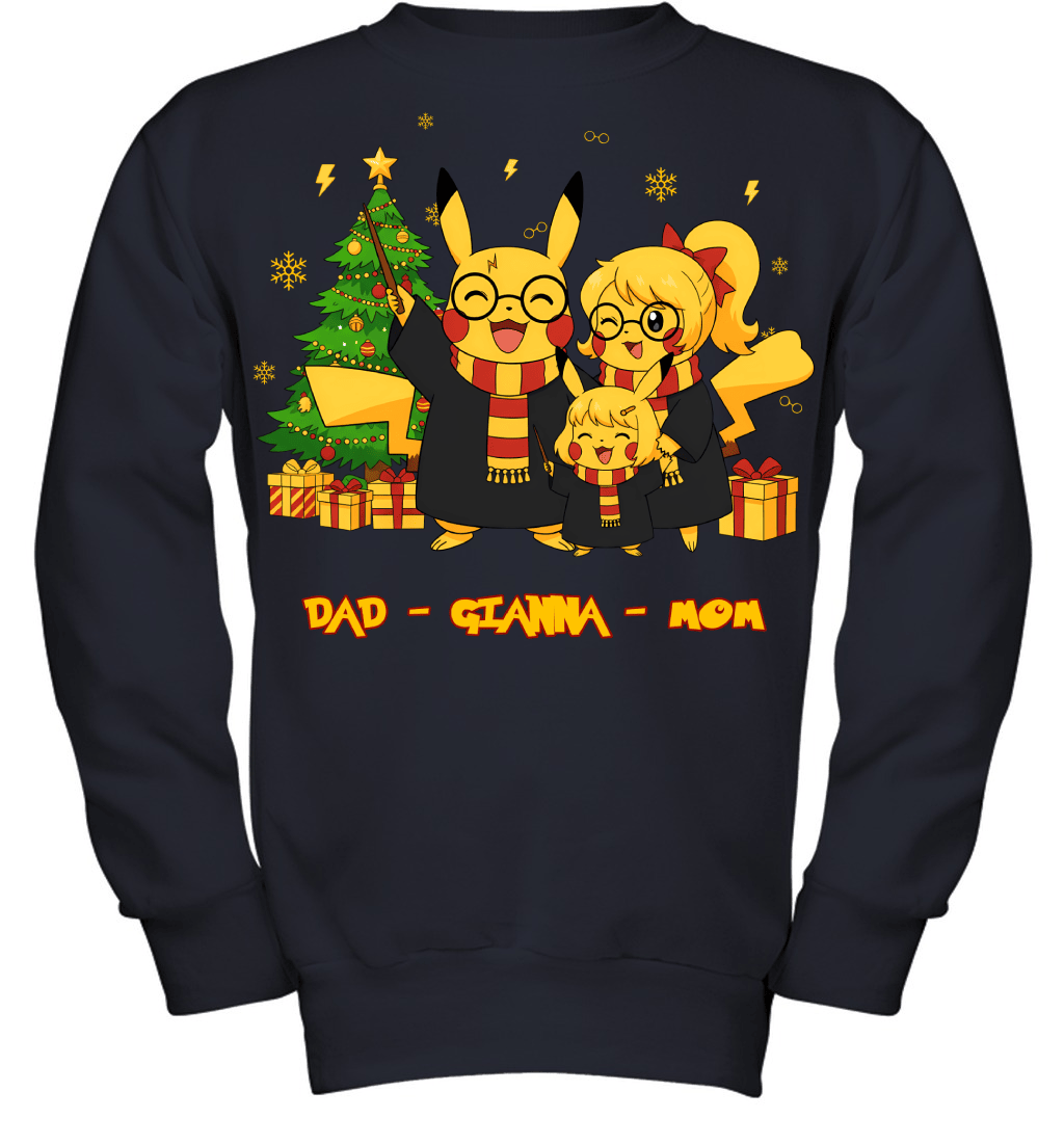 Pikachu x Harry Potter Parents & Daughter Custom Name Christmas T-Shirt for Family