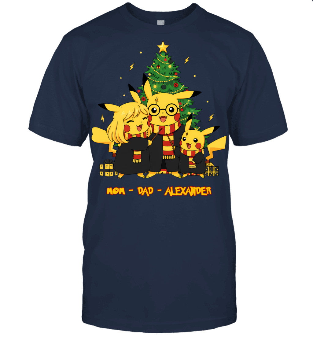 Pikachu x Harry Potter Parents & Son Custom Name Christmas T-Shirt for Family