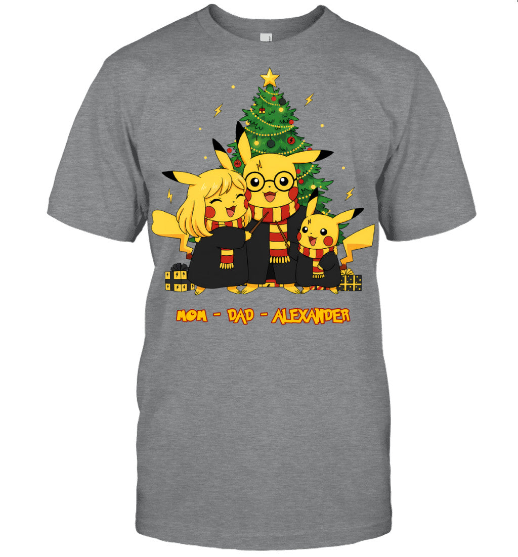 Pikachu x Harry Potter Parents & Son Custom Name Christmas T-Shirt for Family